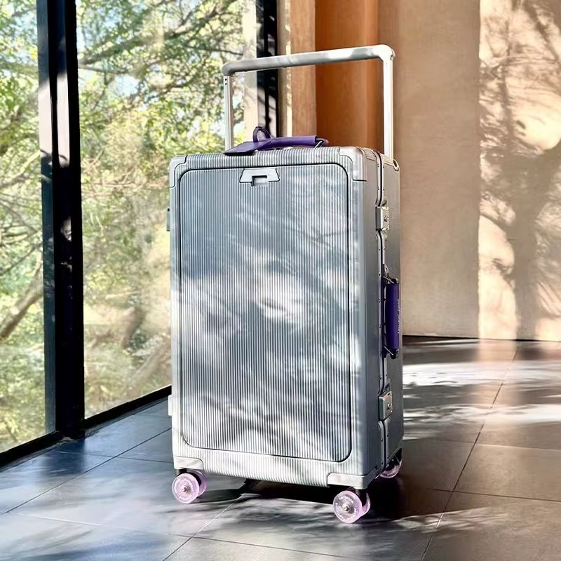 Bagage à ouverture avant avec cadre en aluminium, roue de patinage sur glace, valise en cuir, valise