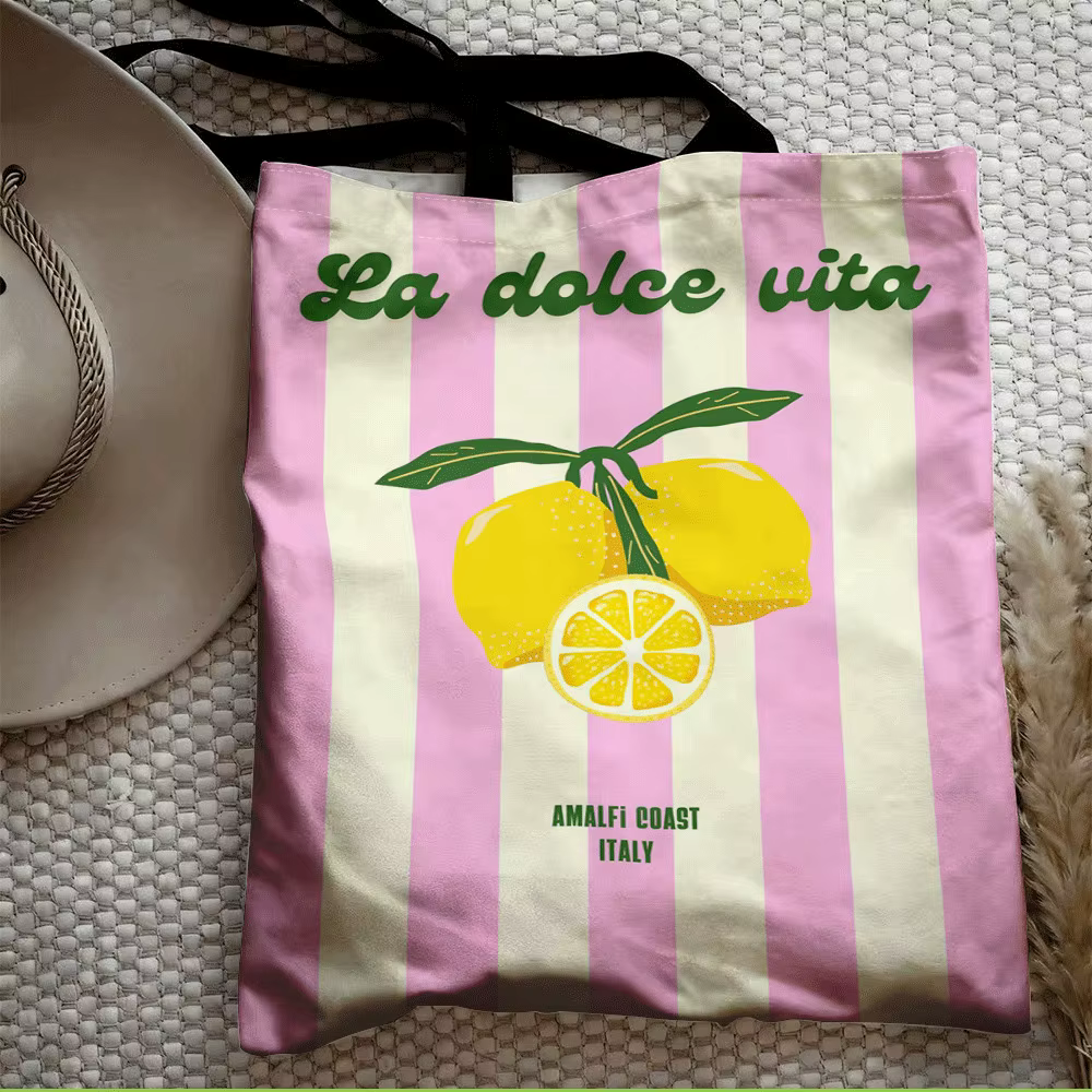 Sac fourre-tout rose citron de la côte d'Amalfi, sac de courses réutilisable avec bandoulière fixe, 
