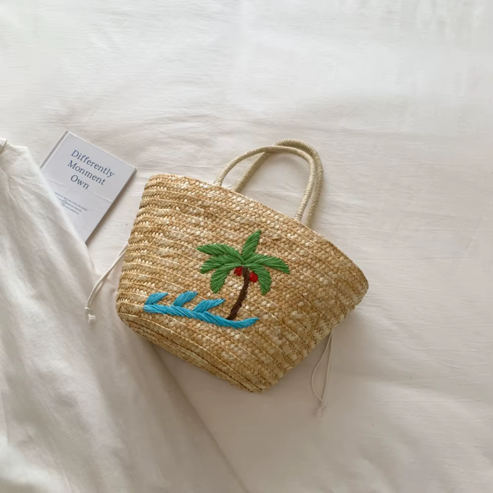 Sac de plage d'été grande capacité en paille brodée motif cocotier et herbe de canard, sac fourre-to