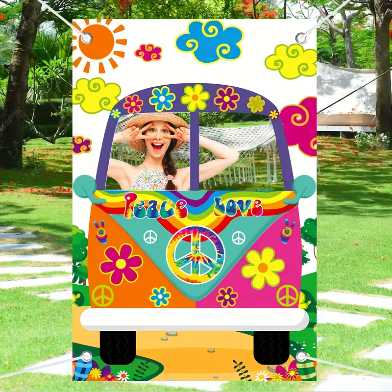 Accessoires de cabine Photo Vintage Hippie Bus, grands décorations de fête en tissu des années 60 et