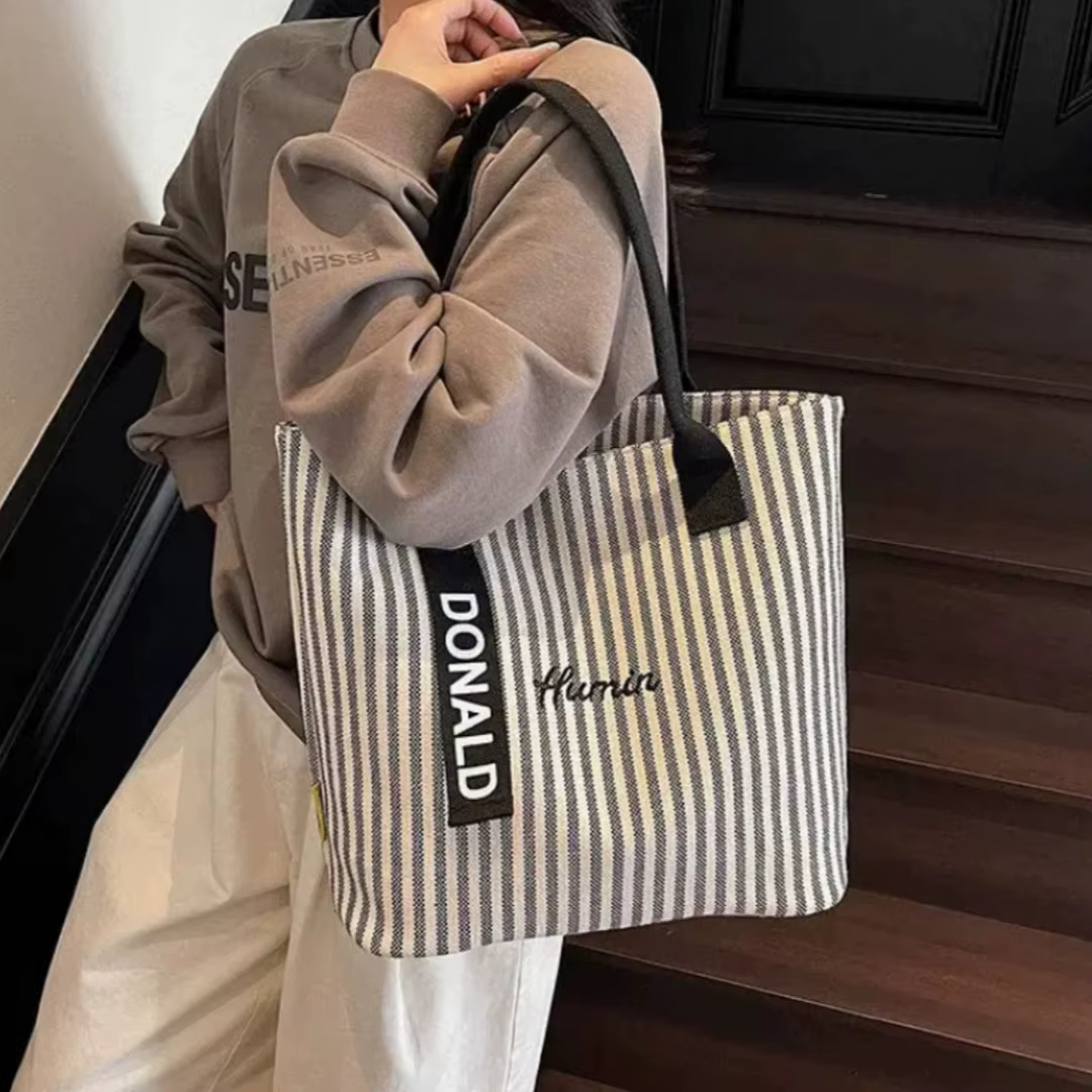 Sac fourre-tout classique en toile rayée pour femmes, sac fourre-tout décontracté, sac à bandoulière