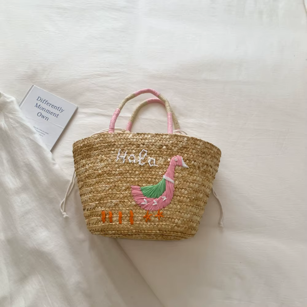 Grand sac fourre-tout en paille brodé motif cocotier, sac de plage d'été simple et tendance en herbe