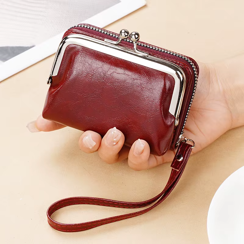 Petit portefeuille compact en cuir PU pour femme, porte-cartes vintage, porte-monnaie avec fermeture