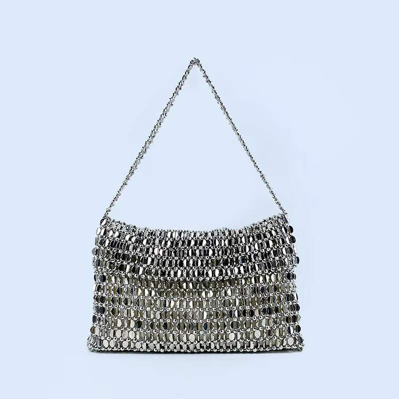 Sac rétro argenté à paillettes métalliques pour femmes, sac à main tissé à la main haut de gamme, sa