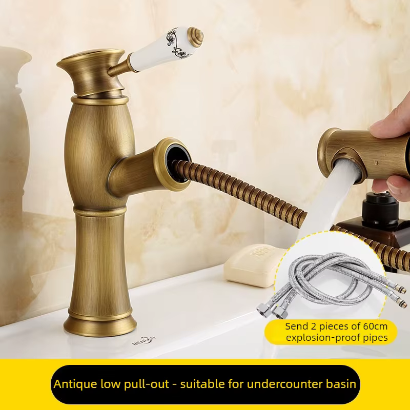 Robinet rétractable rétro pour lavabo de salle de bain antique en cuivre massif, évier, pommeau de d