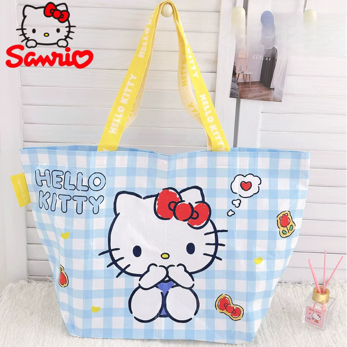 Sac de rangement grande capacité en tissu écologique à imprimé léopard Hello Kitty, sac fourre-tout 