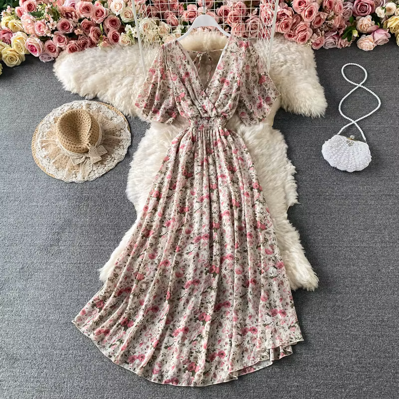 Robe de plage longue en mousseline de soie, Vintage, Sexy, col en v, ajustée, décontractée, Slim, ré
