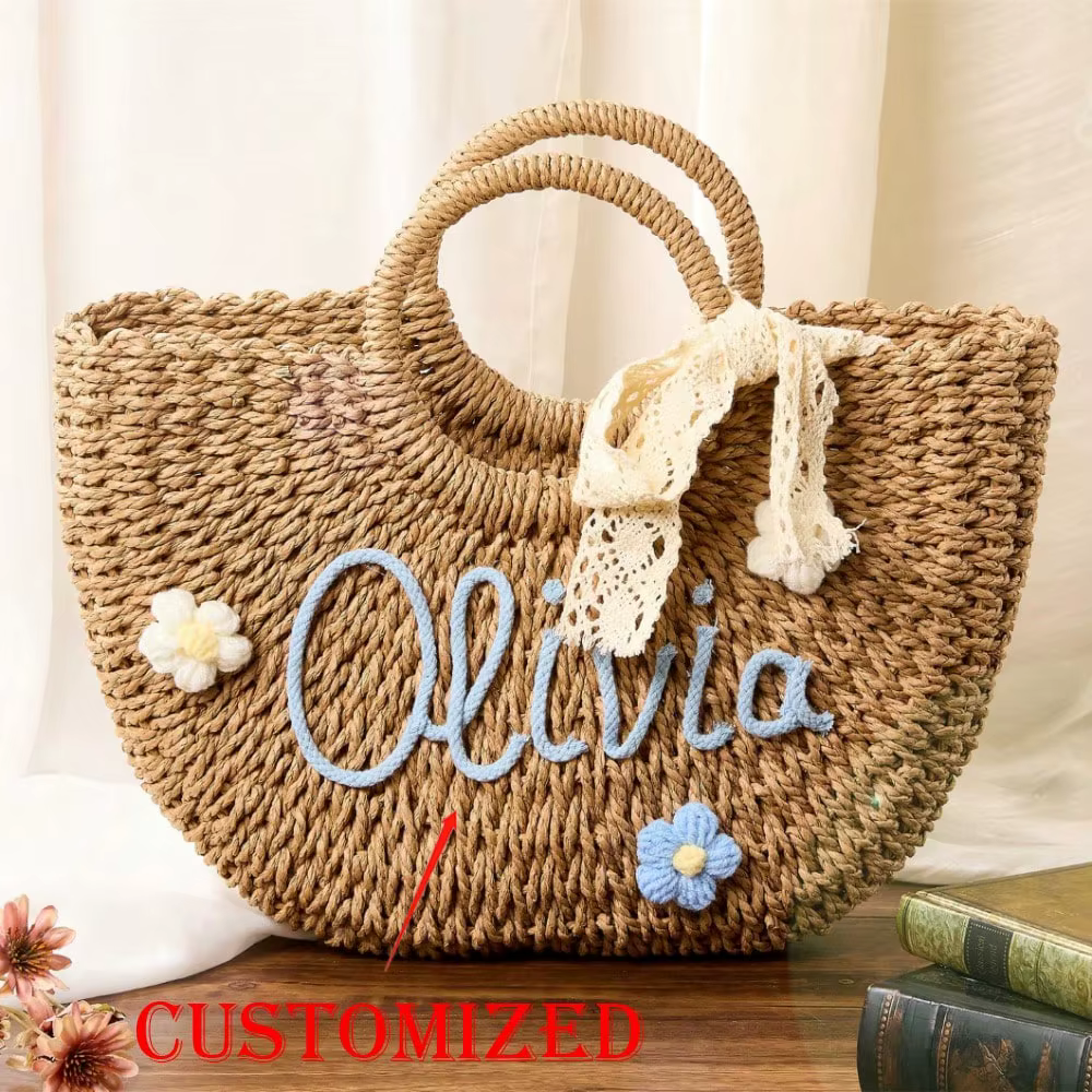 Sac à main personnalisé en paille pour demoiselle d'honneur, sac de plage pour demoiselle d'honneur,