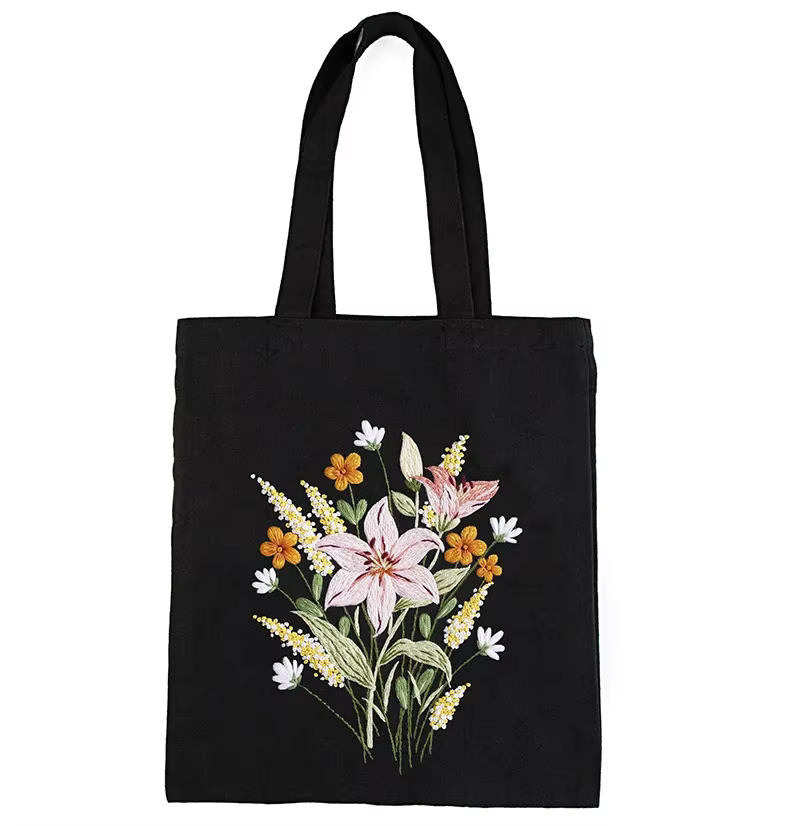 Kit de broderie de sac à main en toile florale pour débutants, sac fourre-tout en toile à motif, fou