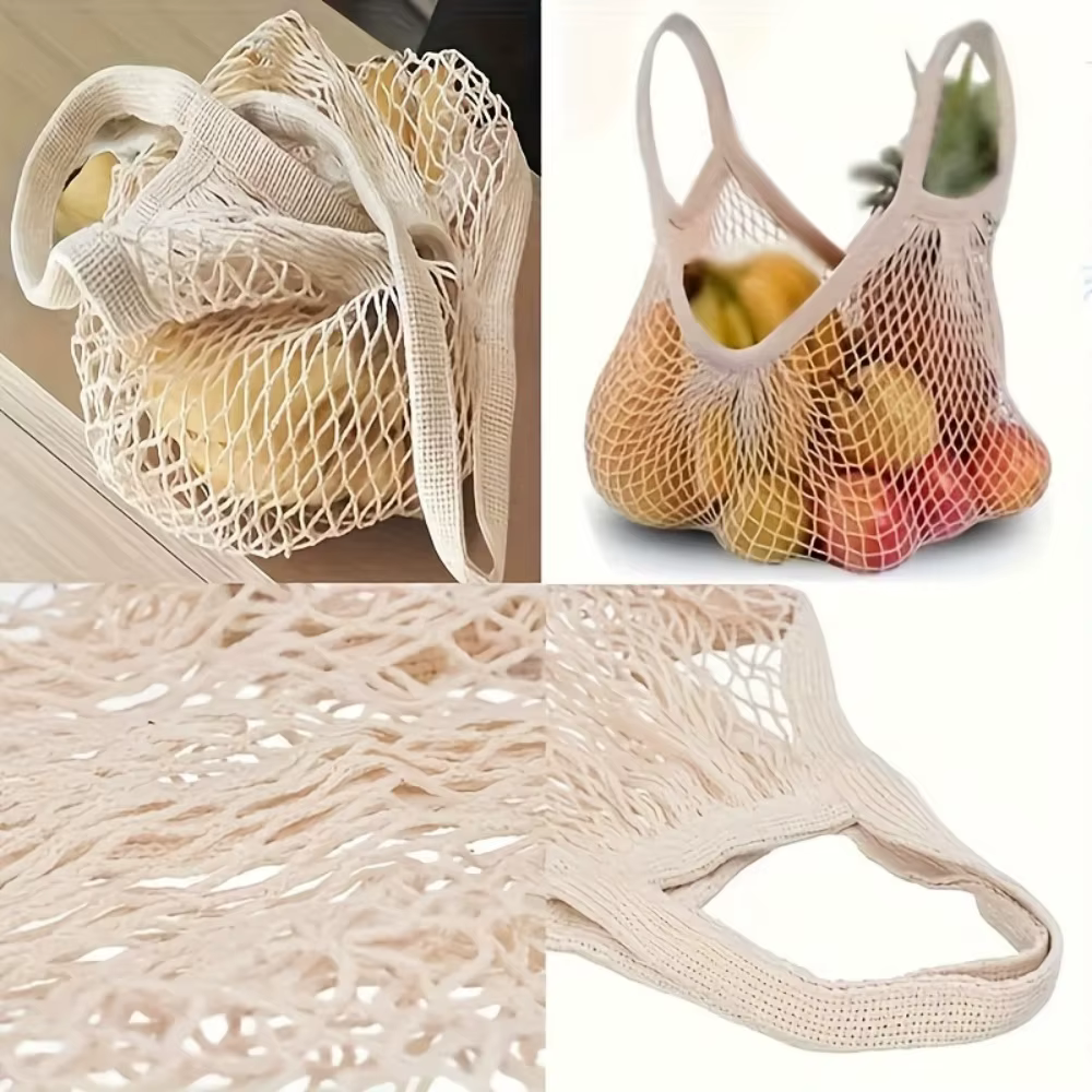 1 sac en maille de coton pur biologique portable, sac en maille de coton avec cordon de serrage, sac