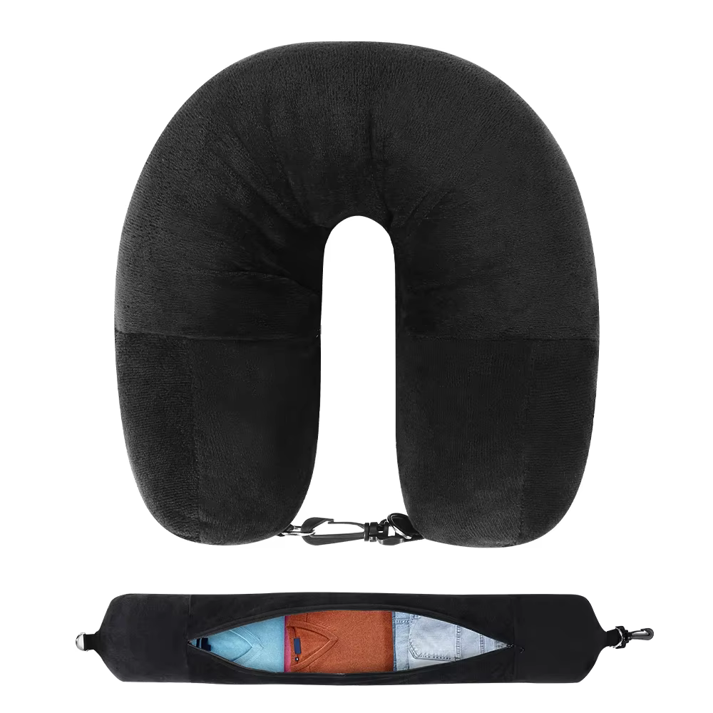 Oreiller cervical de voyage avec vêtements remplissables, taie d'oreiller en forme de U, housse en v