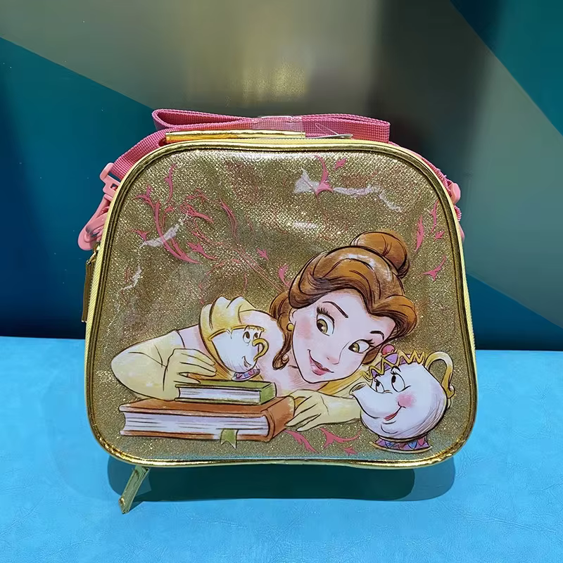 Sac à dos Belle La Belle et la Bête en stock, sac à déjeuner isotherme avec garniture dorée jaune et