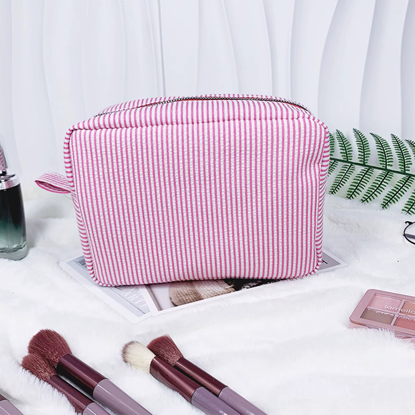 Pochette de maquillage rayée personnalisée, broderie de nom personnalisée, pochette cosmétique, orga