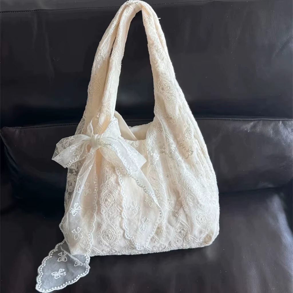 Sac fourre-tout en dentelle florale avec broderie et nœud, sac à main vintage français blanc crème, 