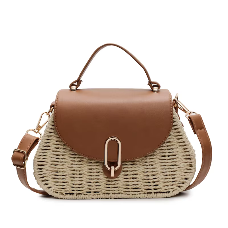 Sac de plage en paille et cuir PU, sac à bandoulière d'été avec rabat, sac à main fait main à poigné