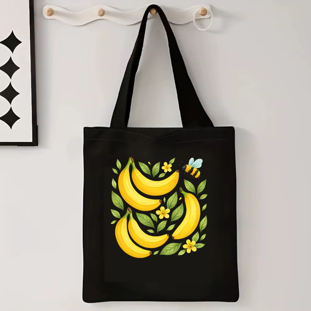 Sac fourre-tout en toile motif banane mignon, imprimé abeille et fruits, sac à bandoulière grande ca