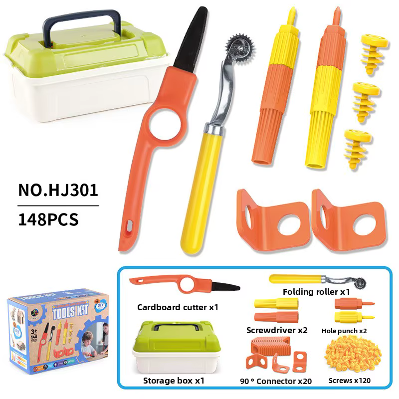 AT19-outils en carton pour enfants avec coupe et boîte à outils-150 pièces Kit de construction en ca
