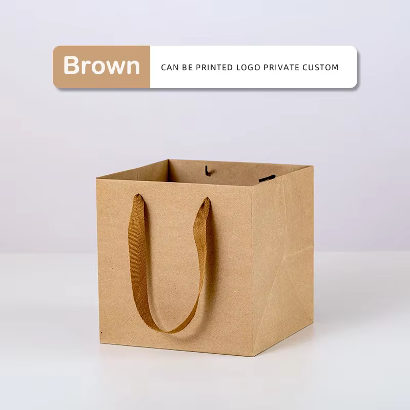 Lot de 10 sacs cadeaux en papier kraft avec poignées, sacs d'emballage carrés pour fleurs, gâteaux, 