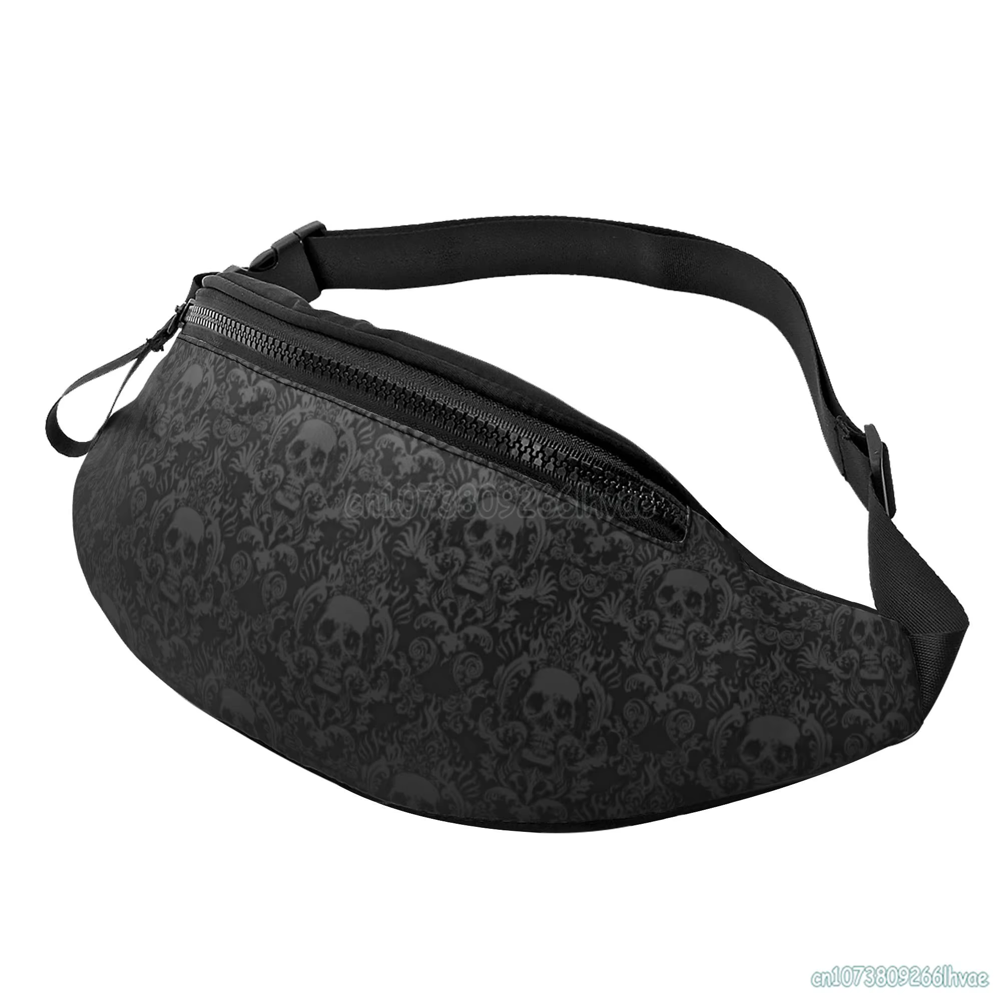 Sac banane gothique damassé avec tête de mort noire pour hommes et femmes, sac de taille avec ceintu