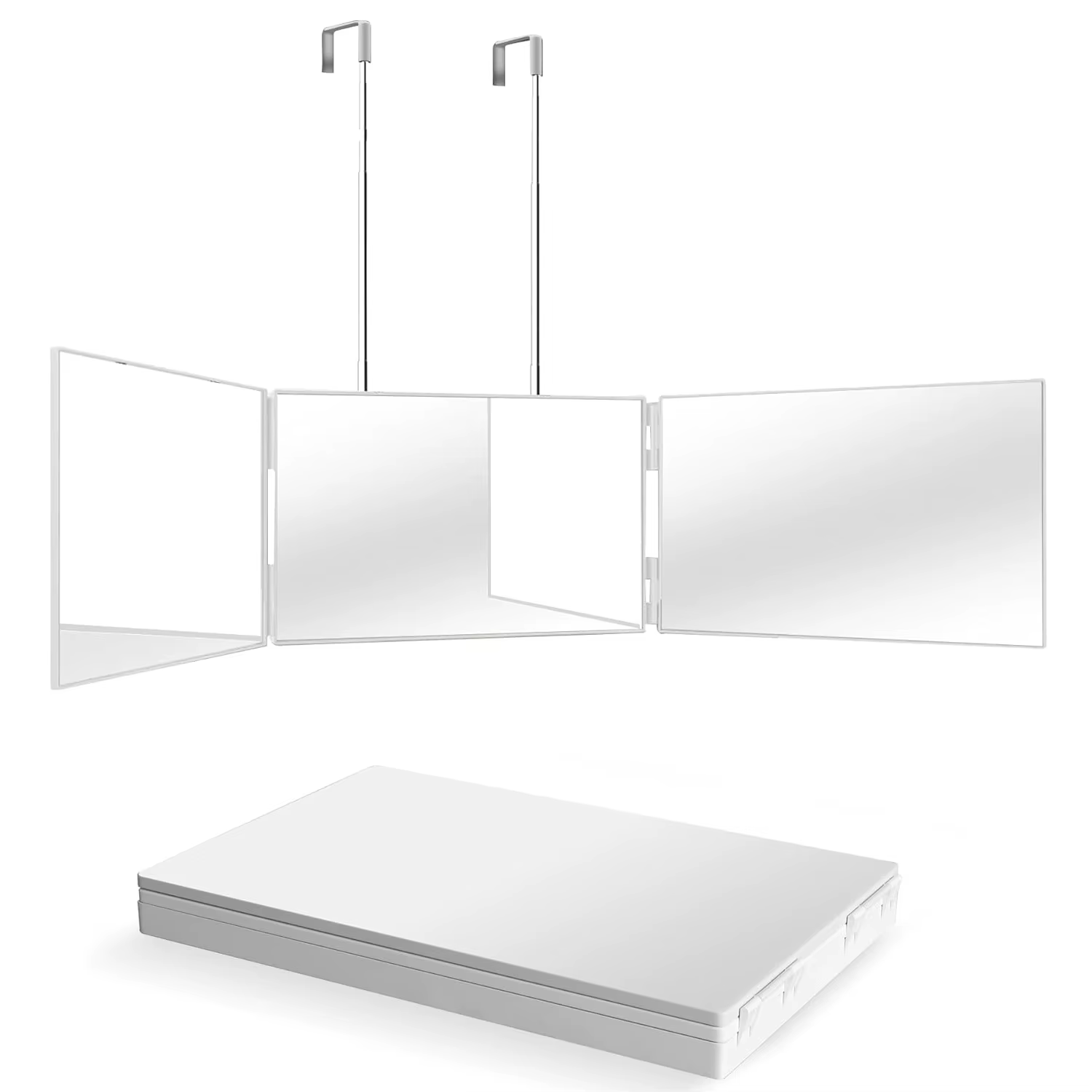 Miroir cosmétique de vanité portable à trois volets avec crochets réglables en hauteur pour un maqui