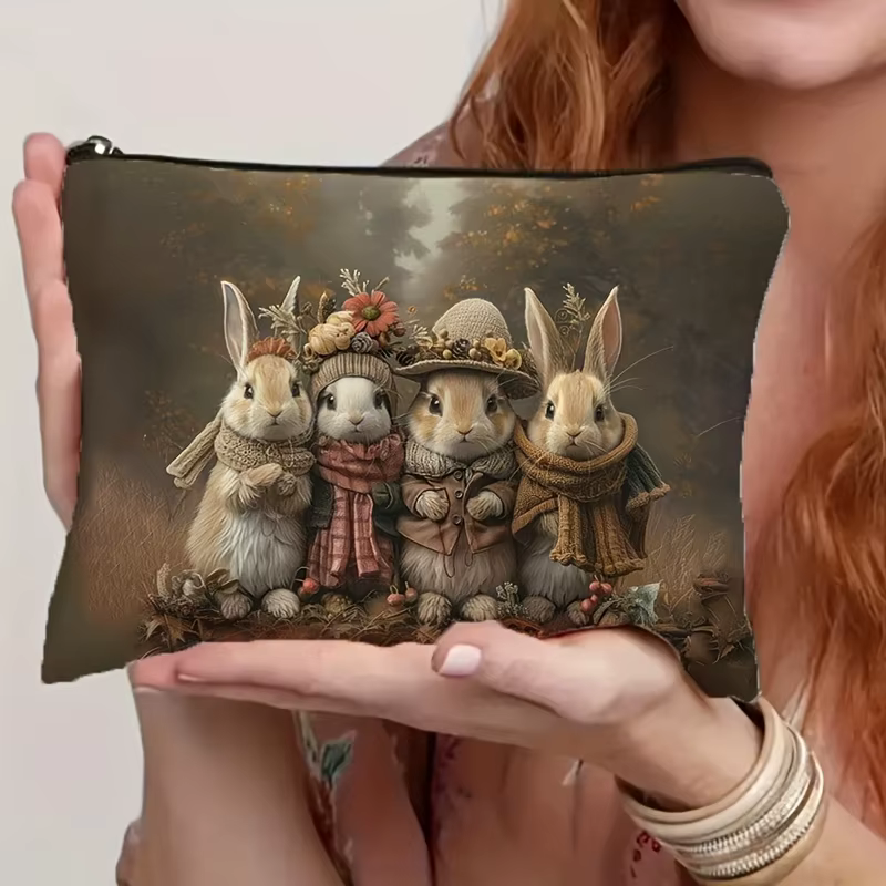 Trousse de maquillage rétro lapin de pâques, 1 pièce, pochette à fermeture éclair Durable et ne se d