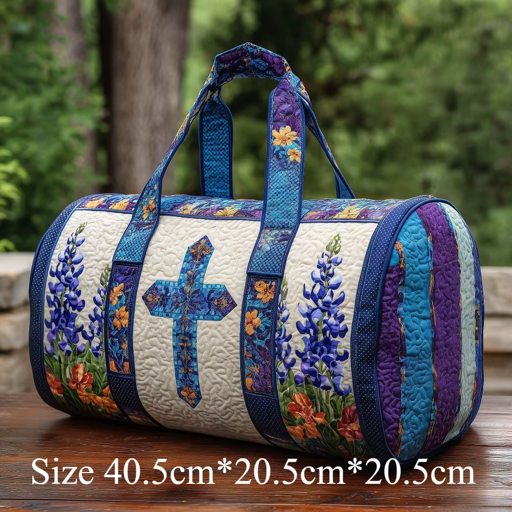 Sac de voyage cylindrique en toile matelassée 3D avec motif floral bleu croisé, style cottagecore, p