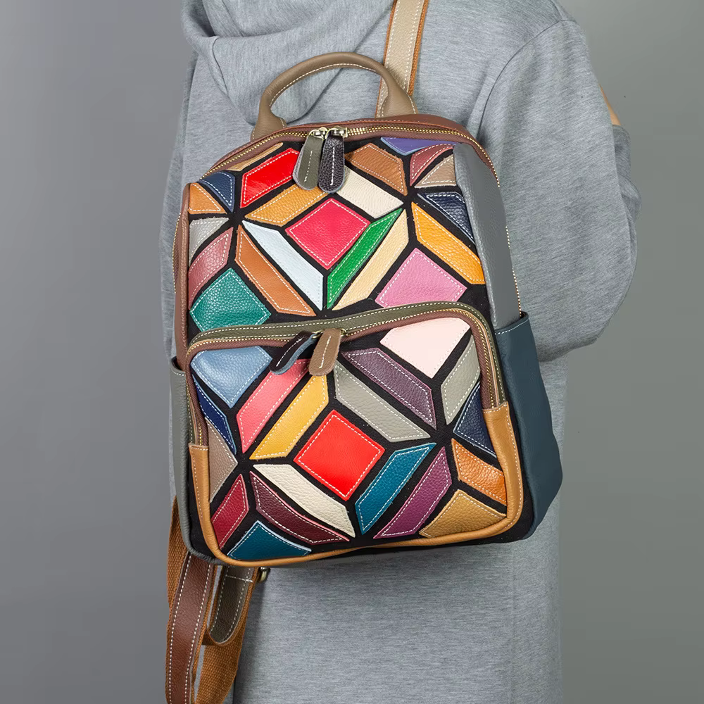 Patchwork en cuir véritable sac à dos femme Vintage véritable cuir de vache sacs à bandoulière mode 