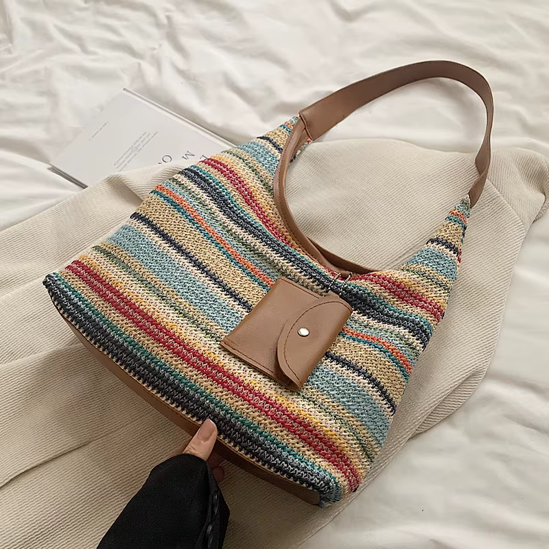 Sac fourre-tout tissé à la main grande capacité pour femme, sac de transport tendance style INS, sac