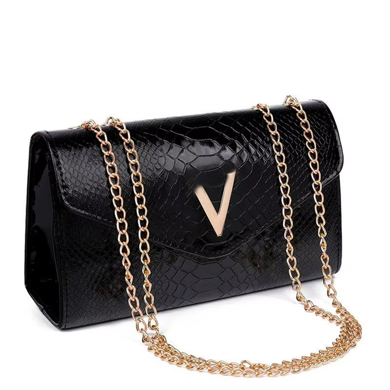 Petits sacs à bandoulière en chaîne de crocodile pour femmes, sac à bandoulière noir de marque de lu