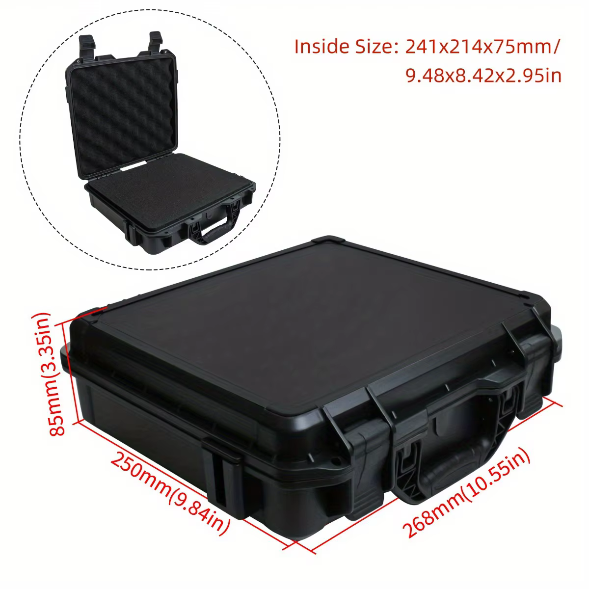 Valise noire étanche et durable pour appareil photo/outils, intérieur en mousse personnalisable, por