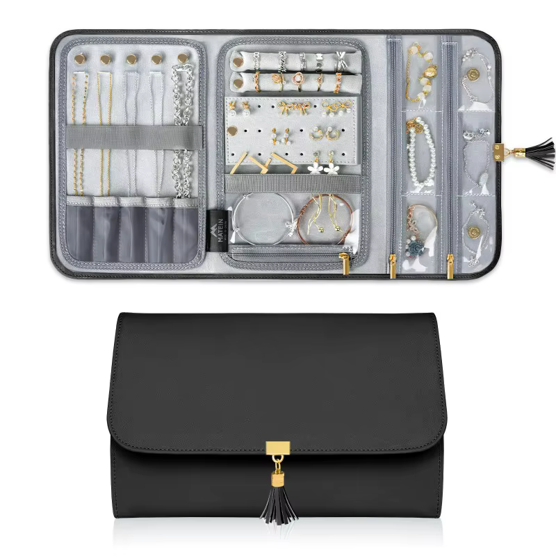 Sac d'exposition de bijoux en cuir, sacs de rangement pliables pour boucles d'oreilles et colliers, 