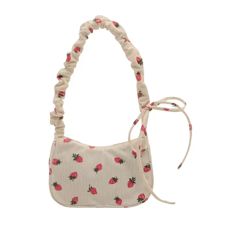 Petit sac sous le bras pour femme, sac à main en velours côtelé, imprimé fraise mignon, petit sac fo