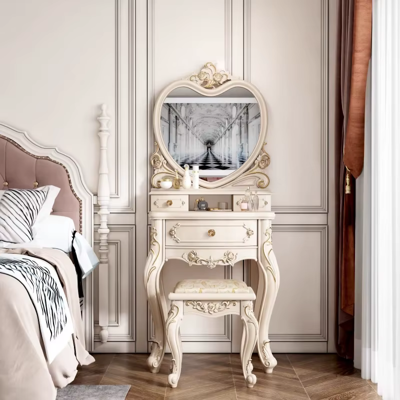 Ensemble coiffeuse européenne avec miroir blanc, bureau de maquillage avec tiroirs et tabouret - Pet
