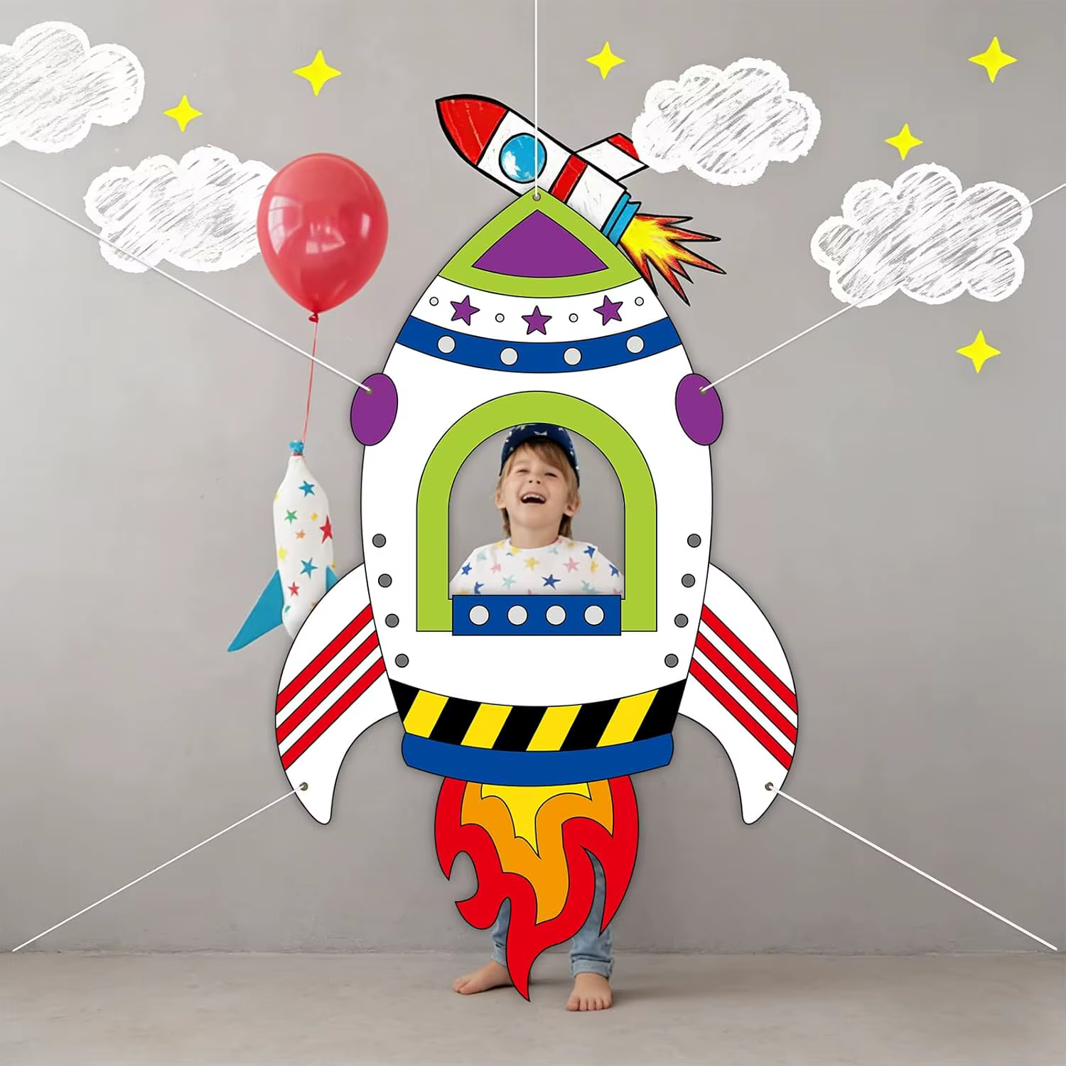 Accessoires de photomaton sur le thème de la bande dessinée, bannière de fond fusée spatiale, access