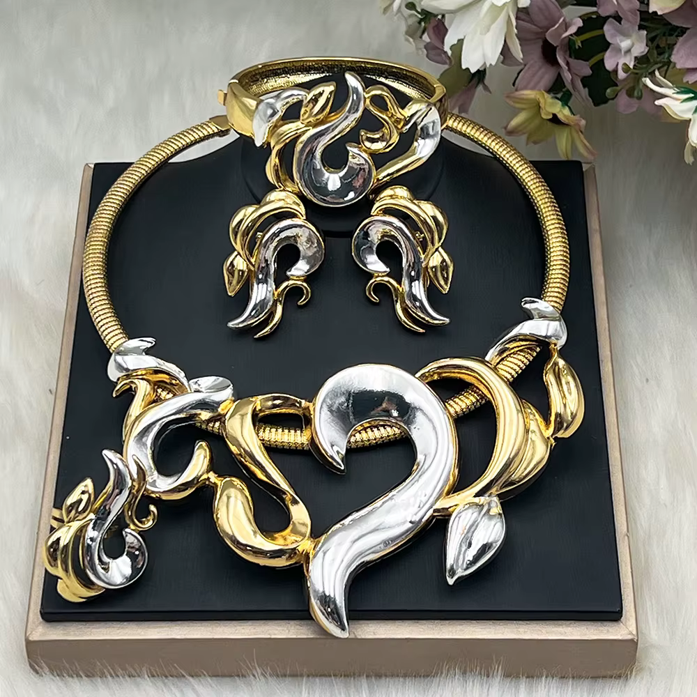 Ensembles de bijoux de luxe pour femmes, boucles d'oreilles couleur or, collier ras du cou, bracelet