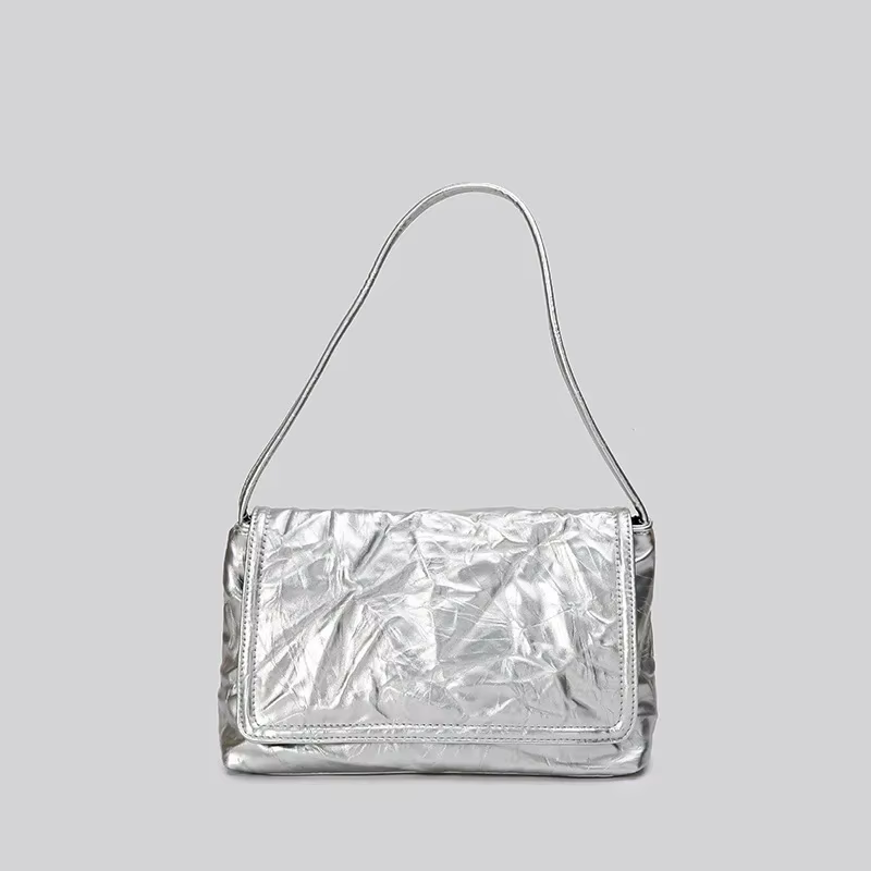 Sacs à main plissés en cuir PU pour femmes, sacs à main à rabat argentés, sac à ati elles pour femme
