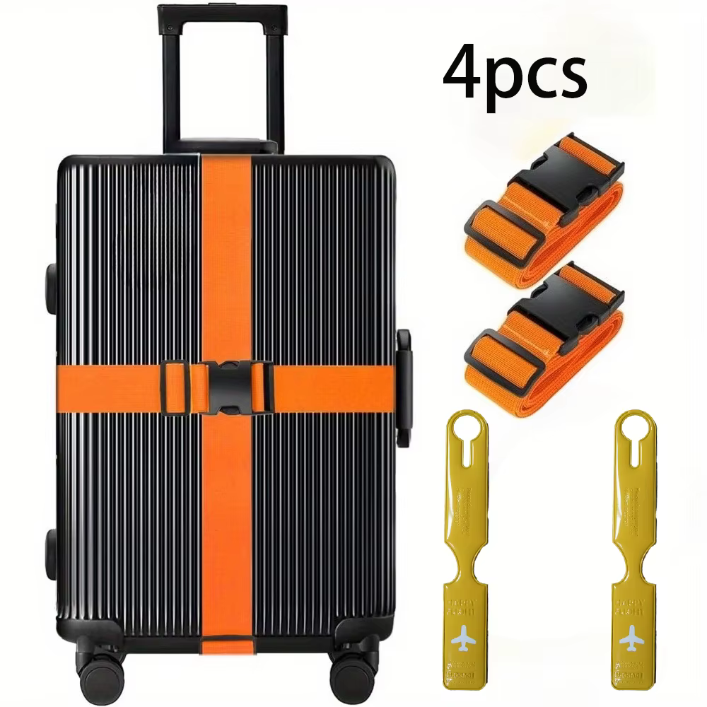 Ensemble de 4 sangles de bagages + étiquettes de bagages, sangles d'emballage en nylon extra-longues