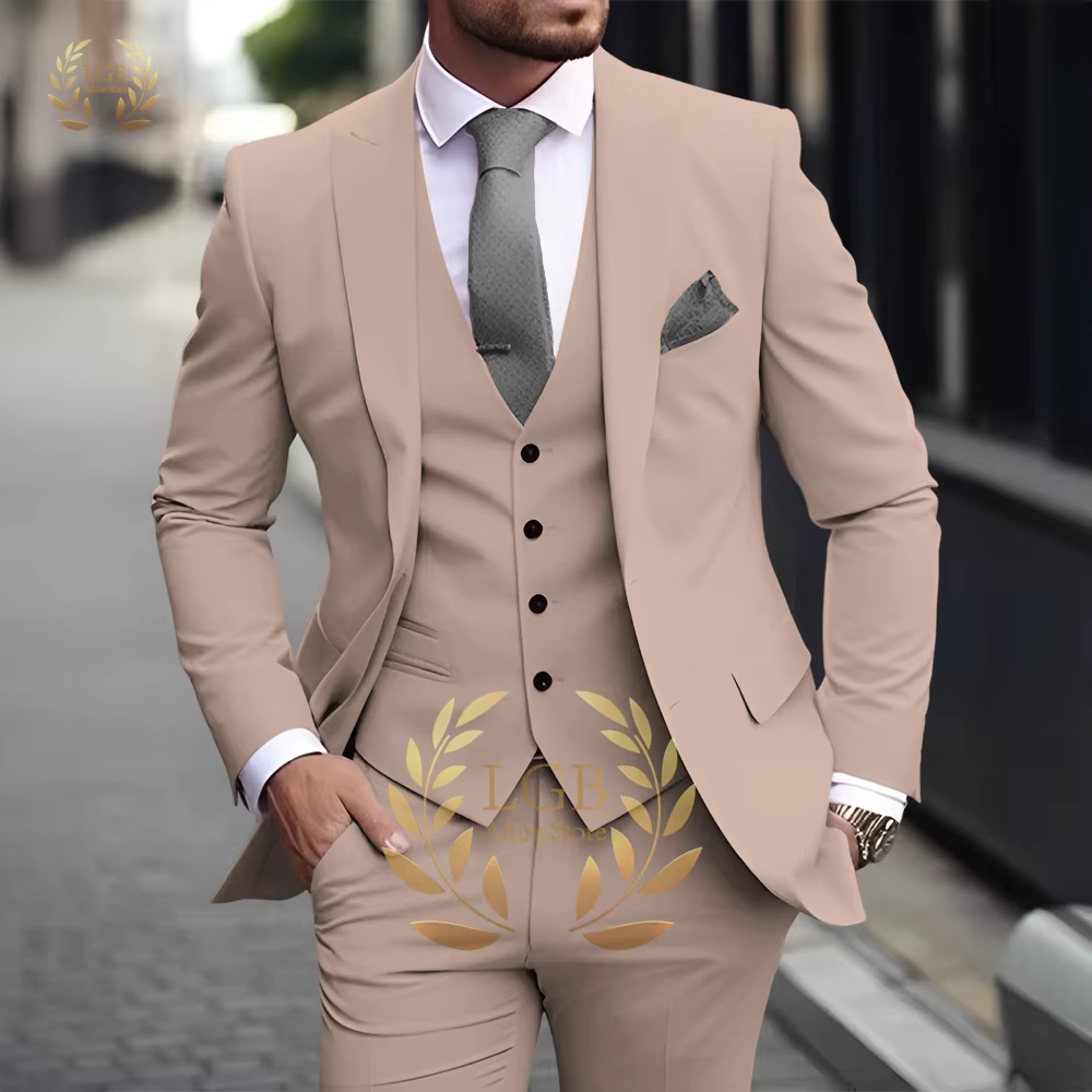 Costume 3 pièces kaki pour hommes, classique, revers, Business, formel, mariage, marié, coupe cintré