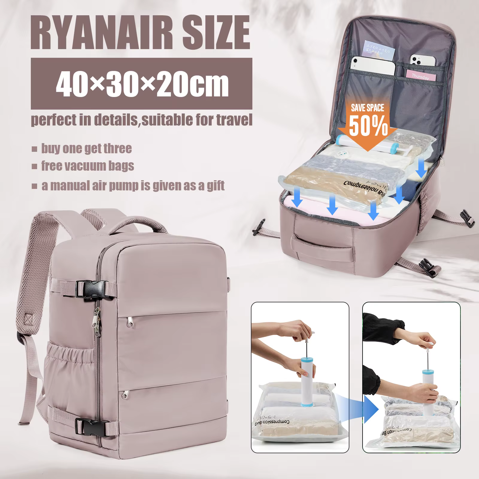 Ryanair Cabin Bags 40x30x20 Sac à dos de voyage sous le siège, sac sous vide Sac polochon de voyage,