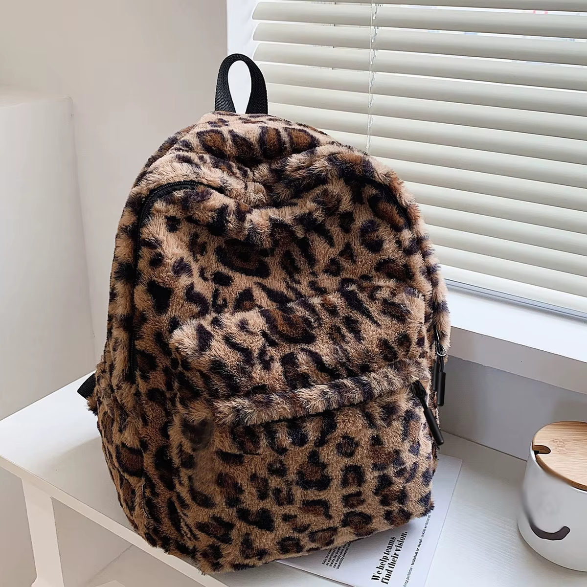 Sac à dos de luxe en peluche pour femmes, motif léopard marron, multi-poches, grande capacité, ferme