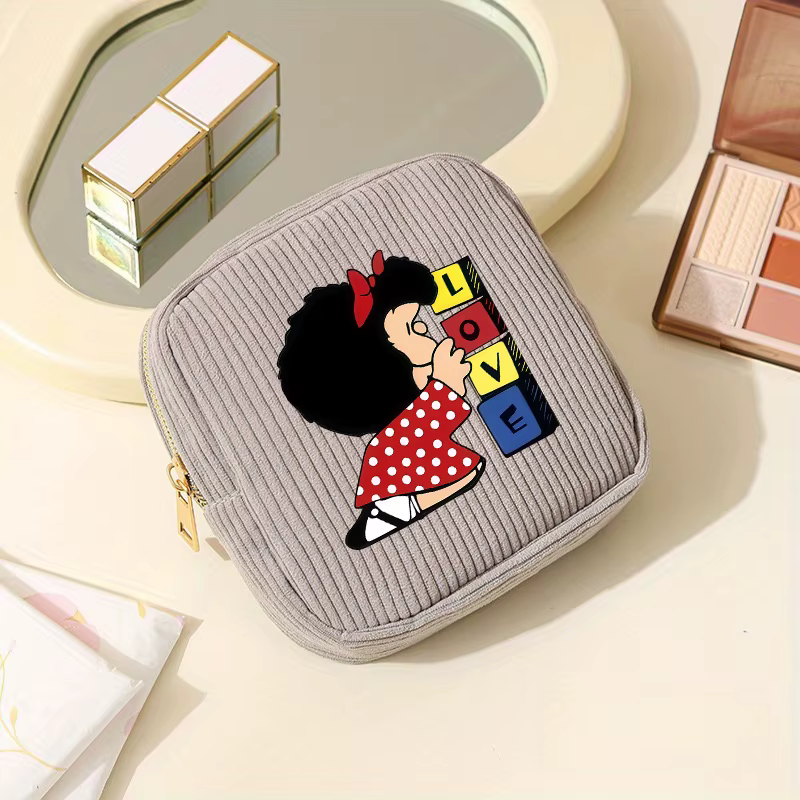 【Trousse à cosmétiques en velours côtelé】 1 pièce Cube sac de maquillage-MAFALDA motif de dessin ani