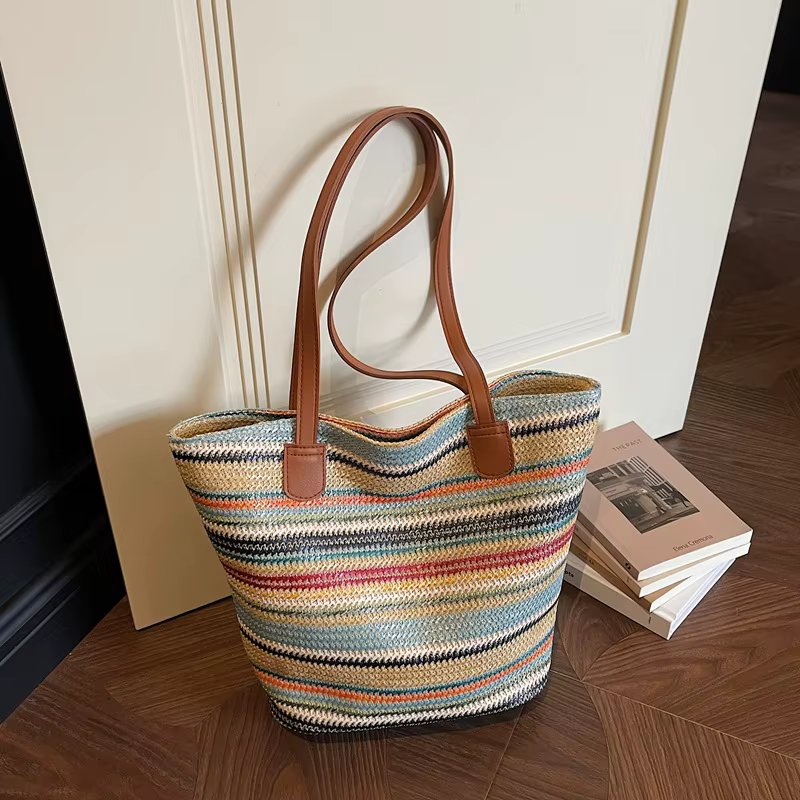 Nouveau sac à bandoulière tissé arc-en-ciel, grande capacité, sac de plage simple pour femmes, sac d