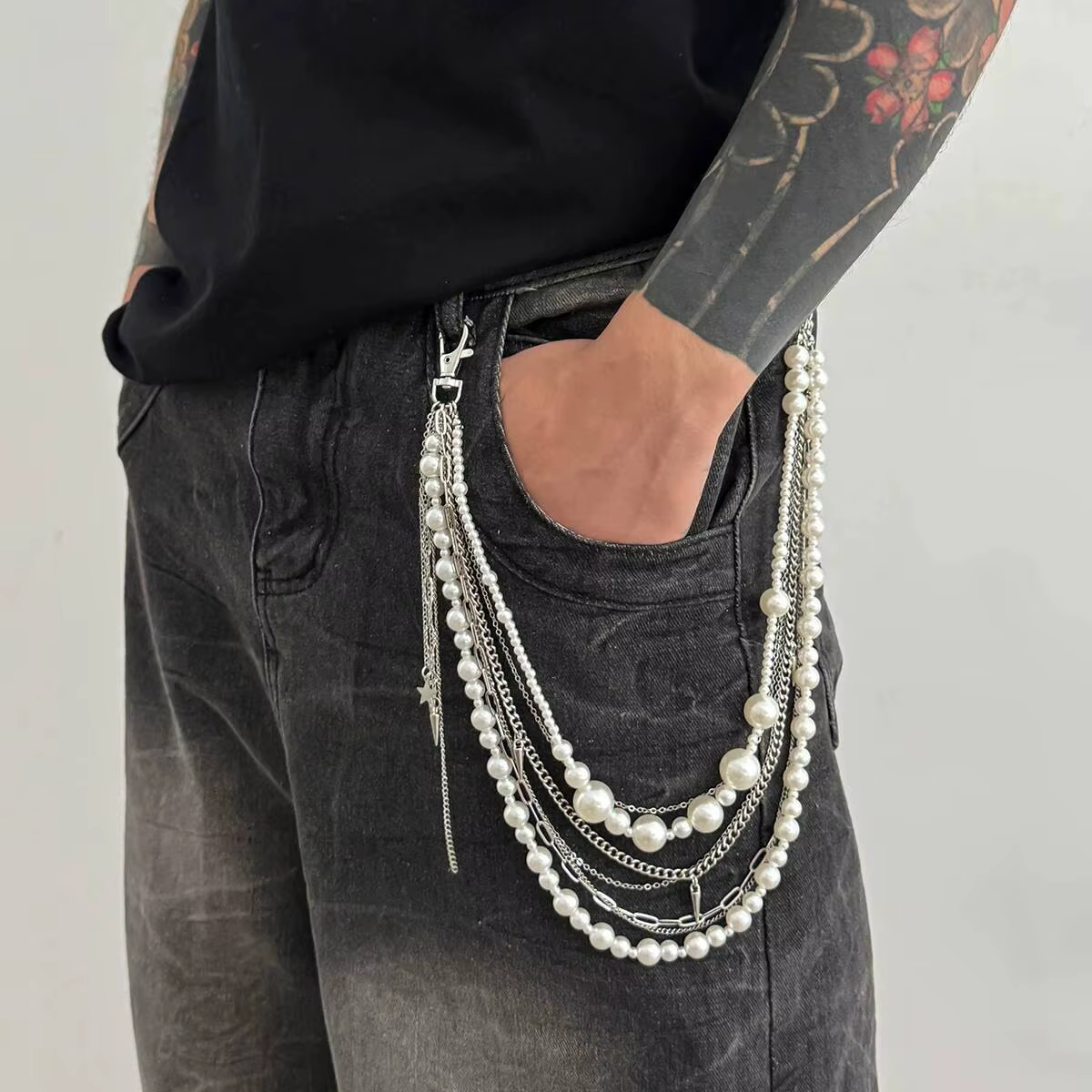 Exquis luxe Imitation perle pantalon Hipster pantalon Jean porte-clés pour hommes Punk pantalon jean
