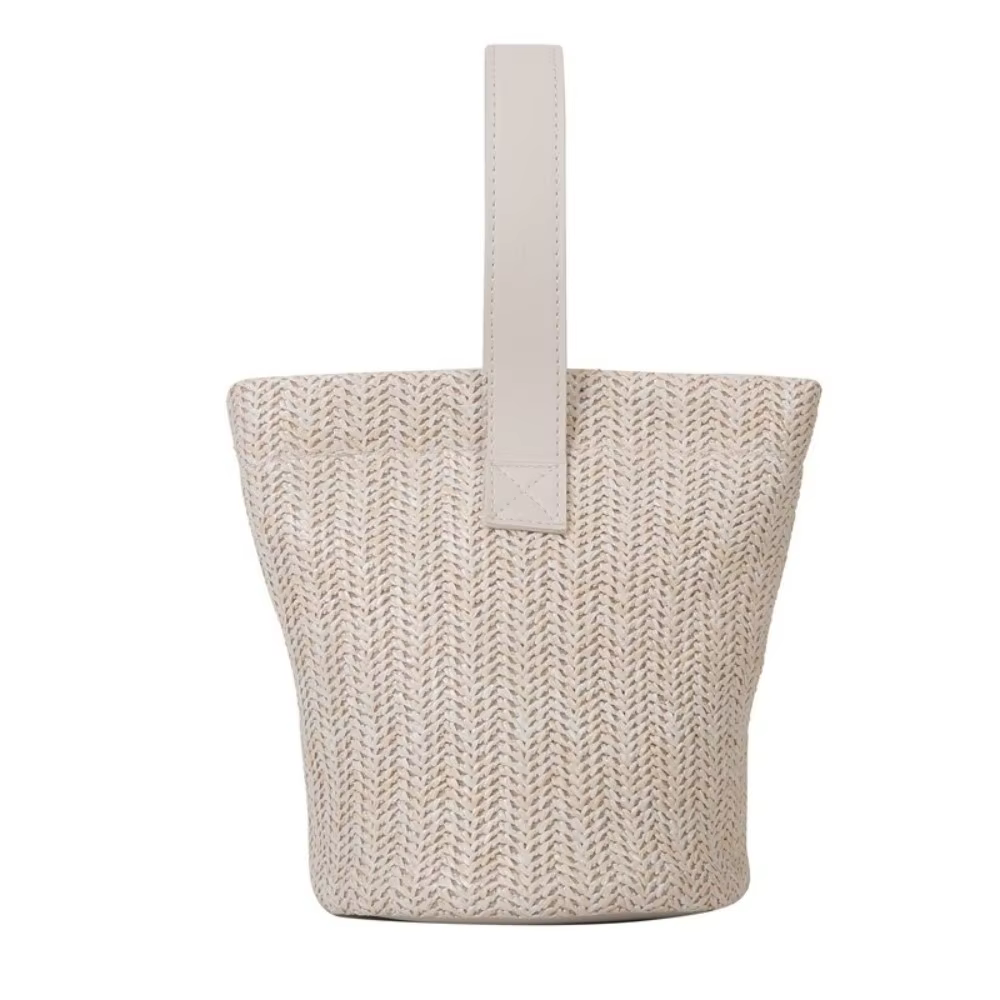Sac seau en paille PU tendance, couleur unie, avec fermeture éclair, sac à main tissé, style coréen,