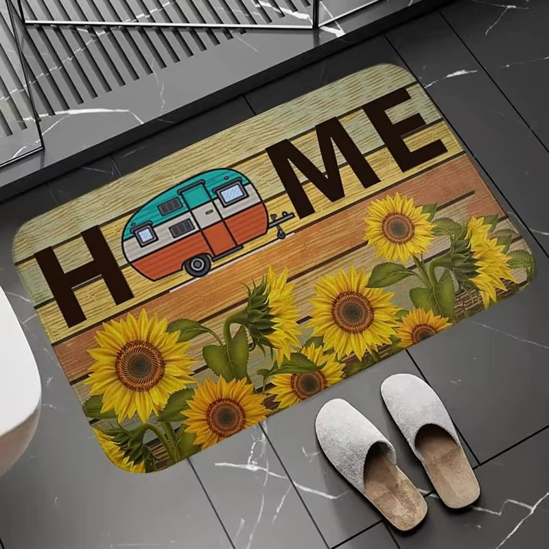 Happy Camper RV Door Mat Retro Camper Van Mountain Print Tapis d'entrée antidérapant sur le thème du