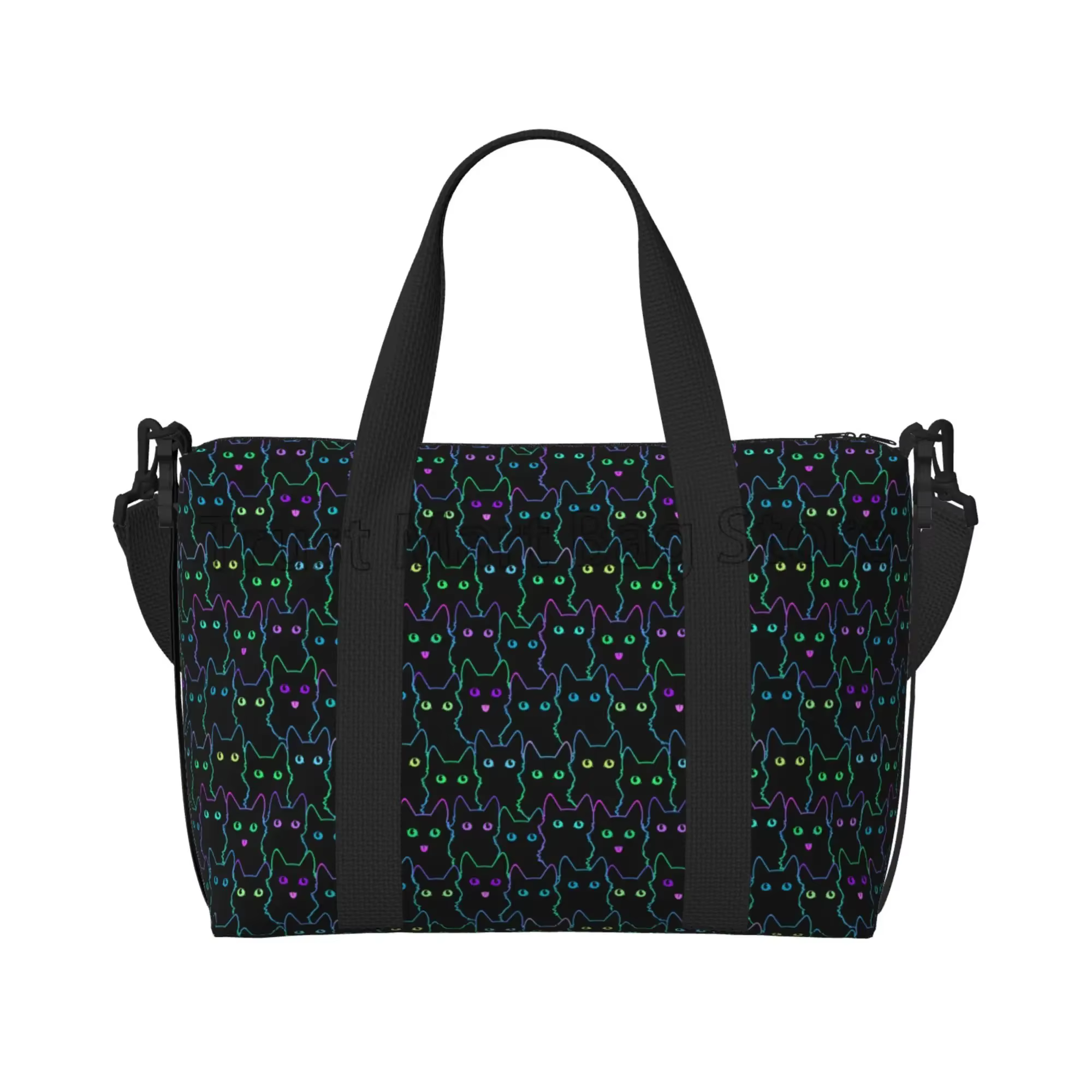 Sac polochon de voyage avec chats noirs de dessin animé mignon, sac de week-end personnalisé avec ba