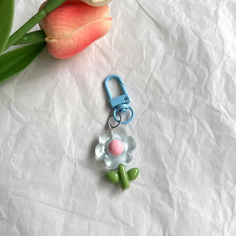 Porte-clés pendentif sac en résine Kawaii, motif tulipe transparente, motif fleur, thème amour, mign