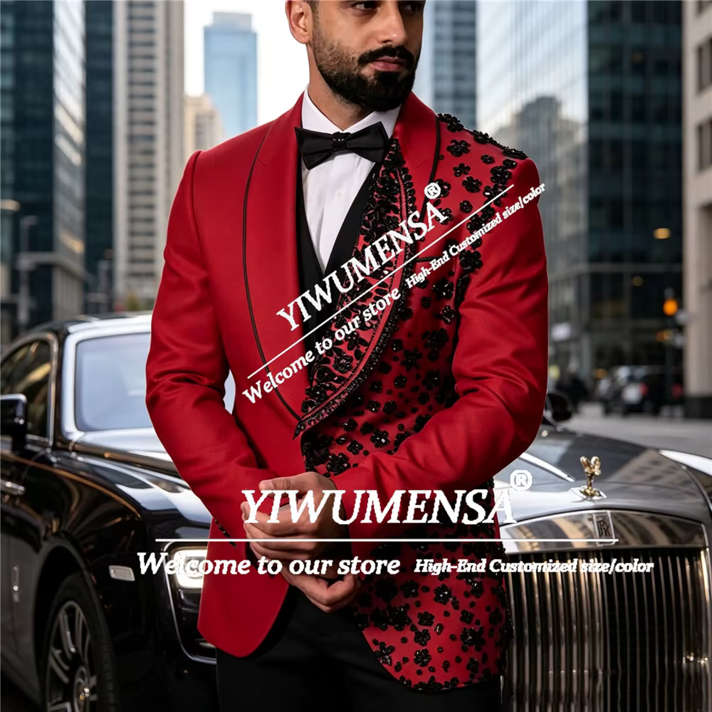 Costume exclusif pour homme pour mariage, orné de pierres précieuses noires, veste et pantalon, ense