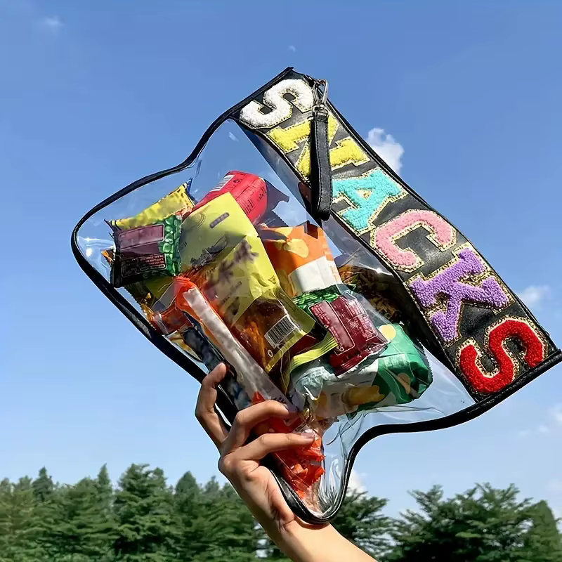 Sac en Pvc avec lettres patchées, sac de rangement de collations à la mode, sac à cosmétiques de voy