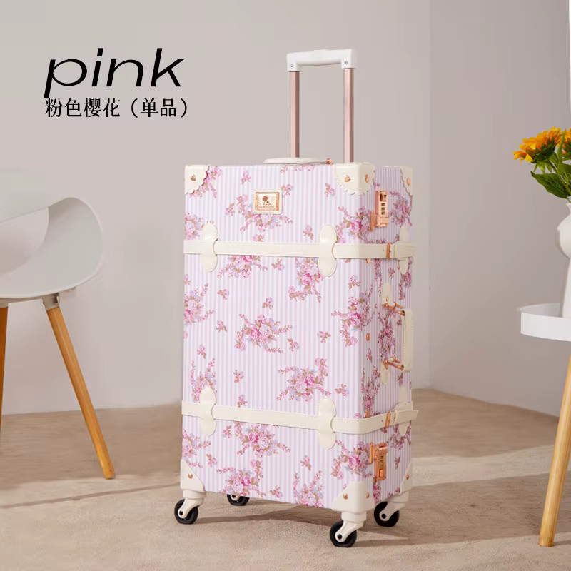 Valise cabine à imprimé floral design - Valise à roulettes en cuir PU avec trousse de toilette, vali